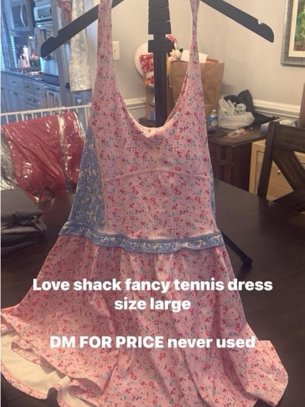 LoveShackFancy Pink Floral Ruffle Tennis Dress with Blue Trim